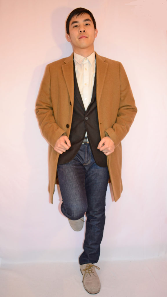 Overcoat, white button up, blazer jeans