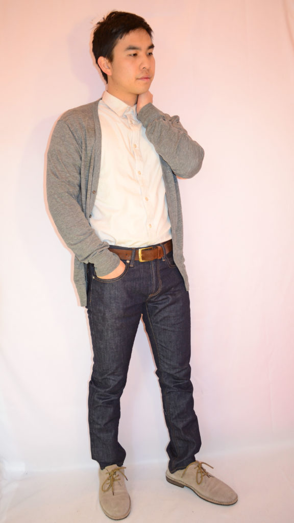 White button up, jeans, grey cardigan (2)