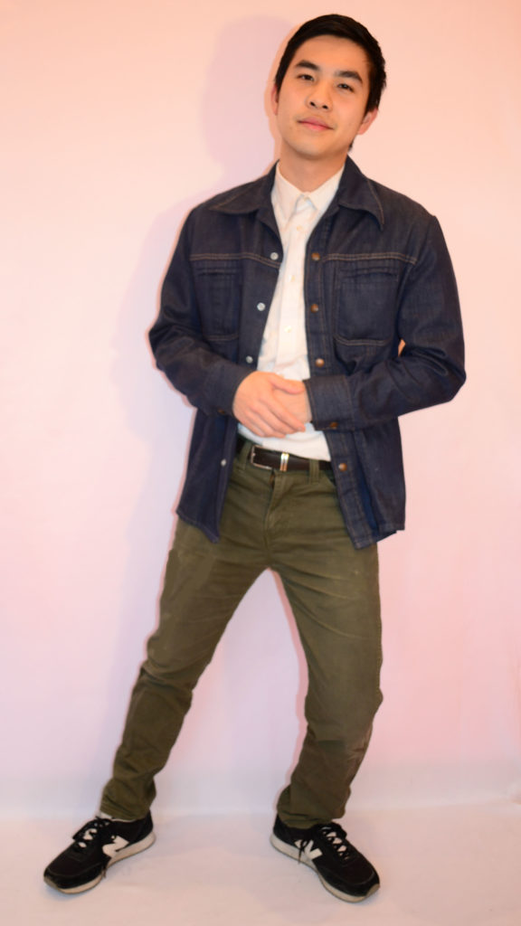 Olive Pants, White Button up, Denim Jacket (2)