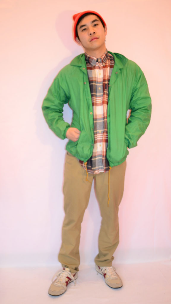 flannel, green jacket, khakis