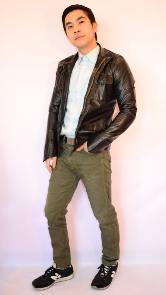 leather jacket, blue button up,olive pants 2