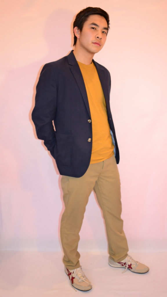 gold shirt, navy blazer, khakis (2)