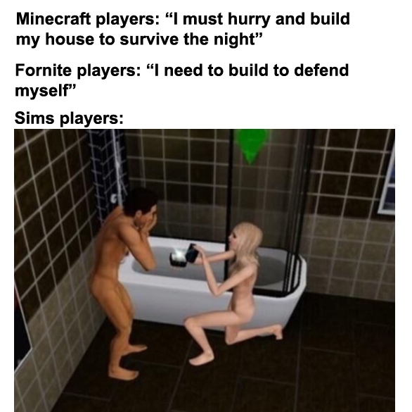 Minecraft player, fortnite player, sims players meme