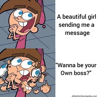 Pyramid Scheme meme, timmy turner meme, wanna be your own boss meme