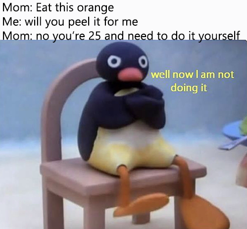 pengu well I'm not doing it now, eating orange meme