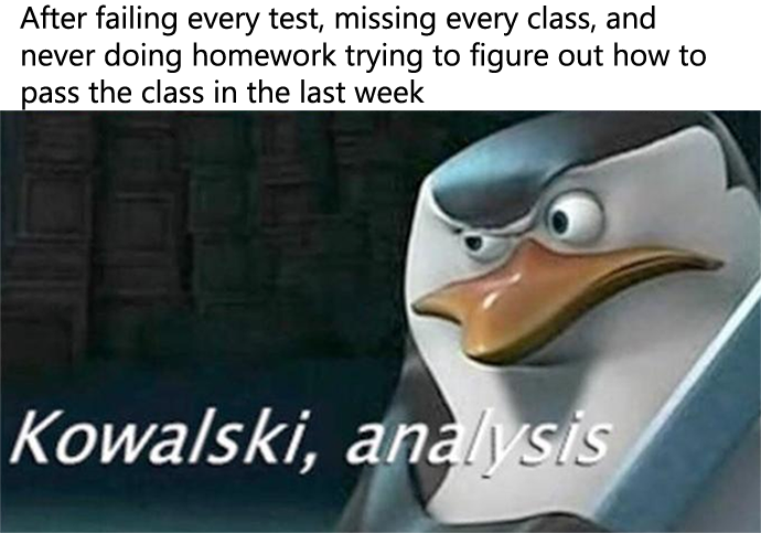 After failing every test and trying to figure out how to pass class. Kowalski analysis