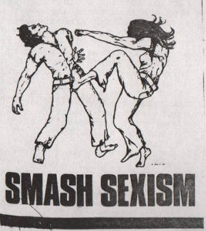 woman kicking man text states "smash sexism"